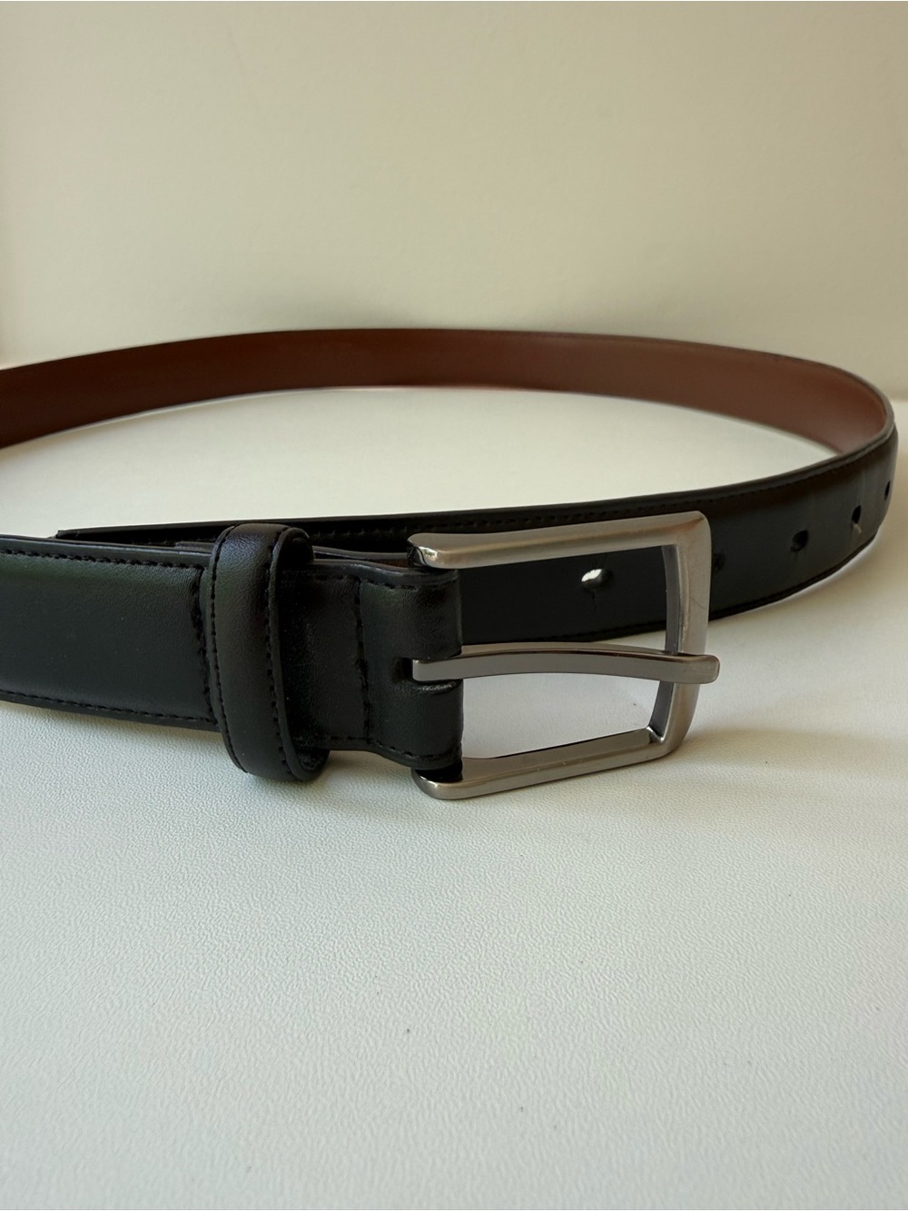 Perry Ellis Black Leather Belt with Brown Interior and Silver Buckle